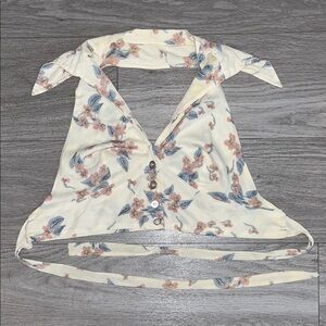 Vintage Floral Collared Halter Top - Cream and Pink